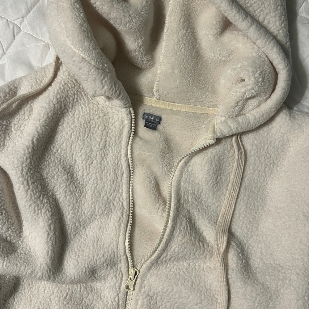 Aerie Off White Fluffy Full Zip Hooded Plush Fleece Jacket Hoodie Small